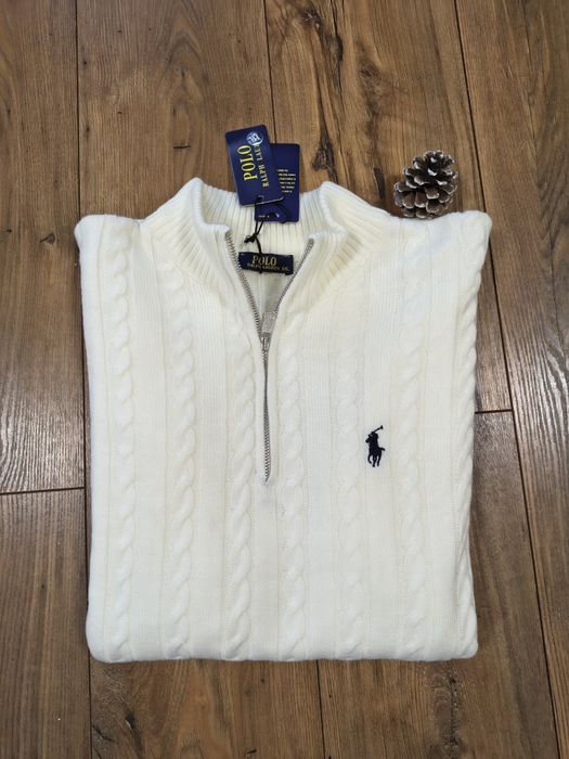 Pulover clasic, cable knit, half zipper, RL, cozy, alb-unt