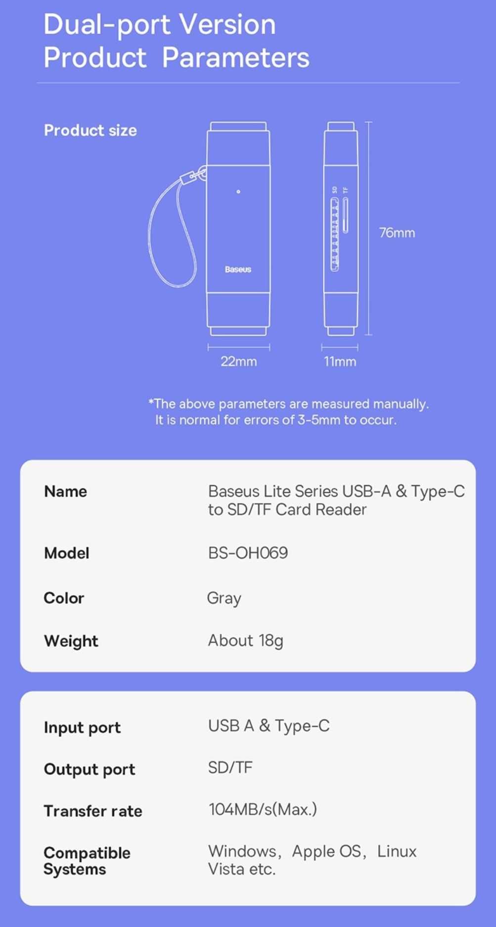 Baseus 2 in 1 Lite Series USB-A 3.0 Type C To Micro SD/TF Card Reader