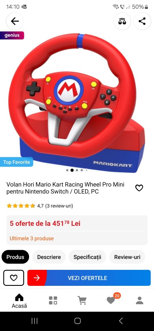 Hori Volan Mario Kart Racing Wheel pentru Nintendo Switch