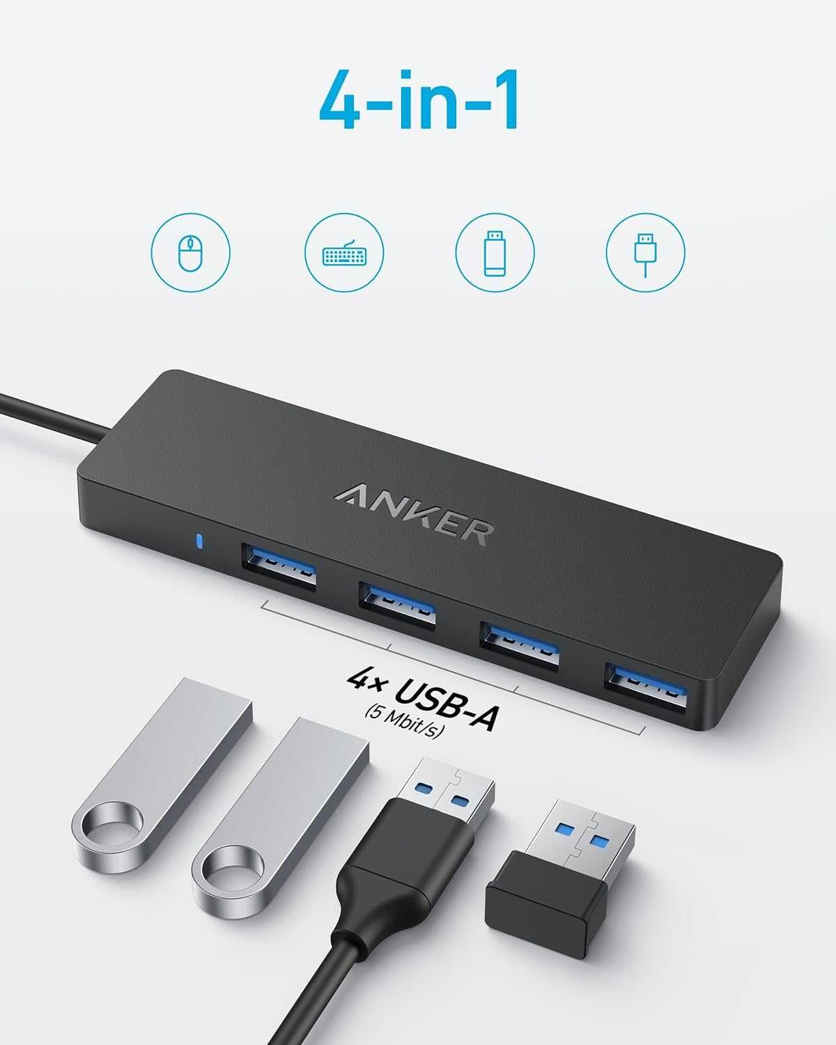 Anker Ultra Slim 4-порта USB-C и USB3.0 Hub за телефон-60см кабел