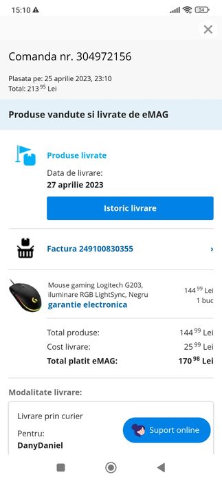 Mouse gaming Logitech G203, iluminare RGB LightSync, Negru