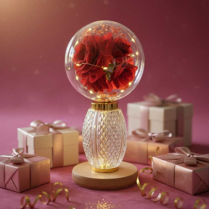 Декоративна лампа с червени рози и мека светлина