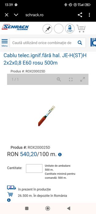 Vând Cablu telecomunicații ignifug, fără halogenuri, JE-H(ST)H 2x2x0,8
