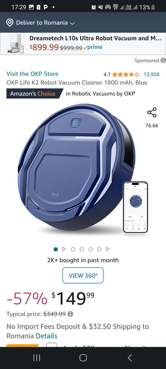 OKP Life K2 Robot Vacuum Cleaner 1800 mAh, Blue