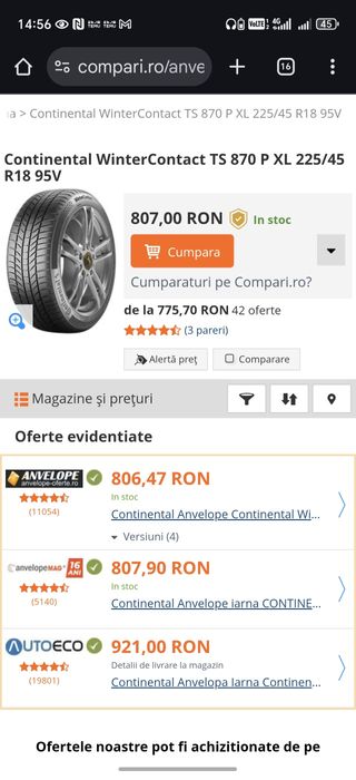 225/45R18 Continental 2021 6mm stare foarte buna