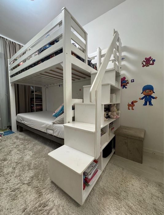 Pat etajat copii, cu saltea inclusa 90x 200, lemn masiv alb, cu scari