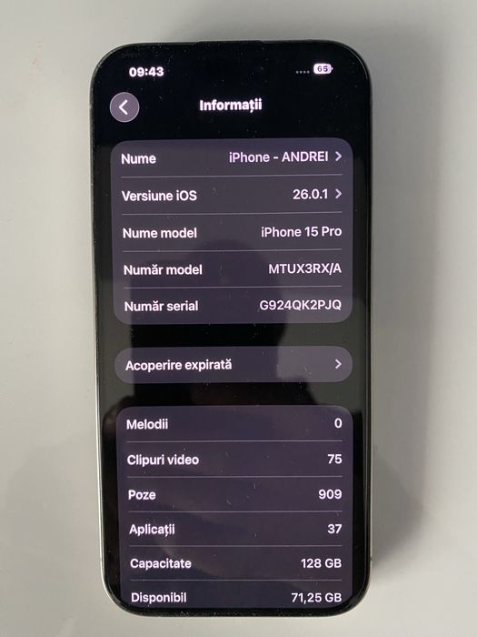 iPhone 15 Pro, 95% baterie, ca NOU !!!