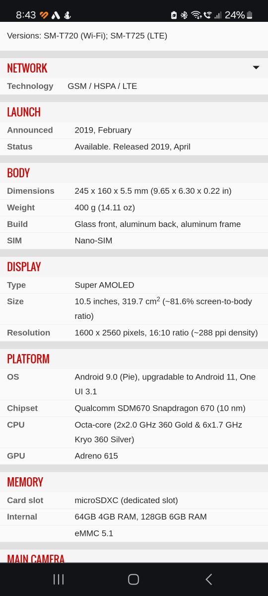 Tablera Samsung Galaxy Tab S5e 64Gb+4Gb RAM, 10 inch, slot SIM +256 Gb
