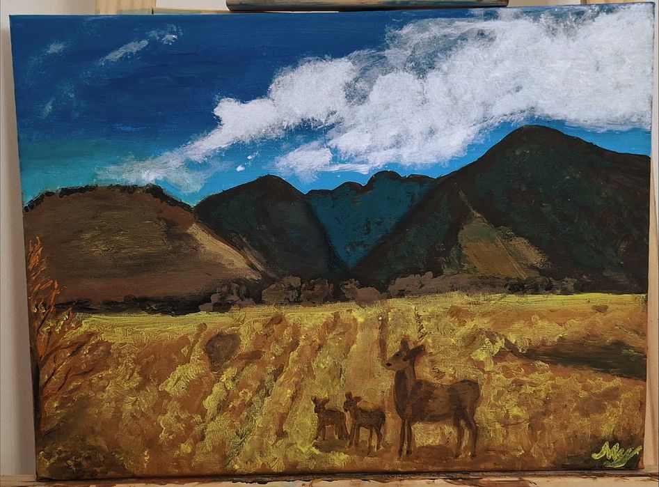 Peisaj cu căprioare – pictură originală acrilic pe pânză (30×40 cm)