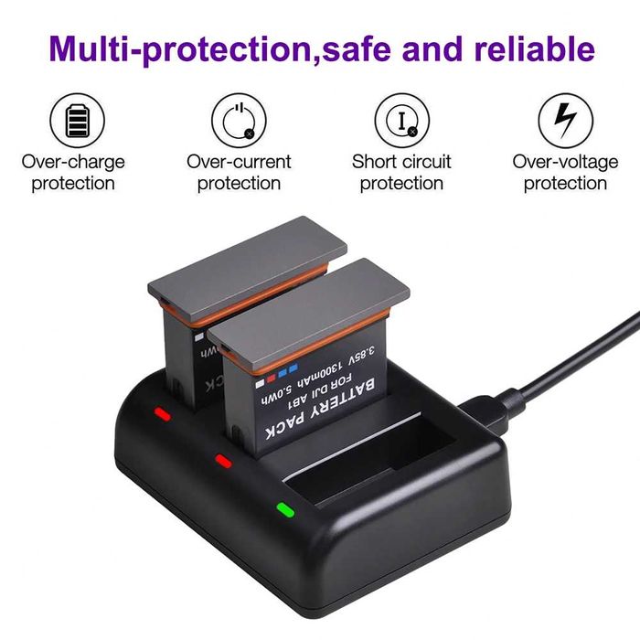 Set 2 acumulatori AB1 + incarcator triplu camera DJI Osmo Action Sport