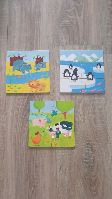 Joc din lemn, 3 puzzle-uri cu animale