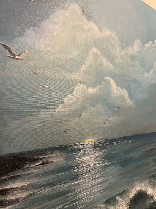 Tablou de dimensiuni mari cu Marea si Far pictat manual