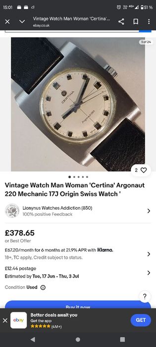 Vând ceas certina argonaut 220