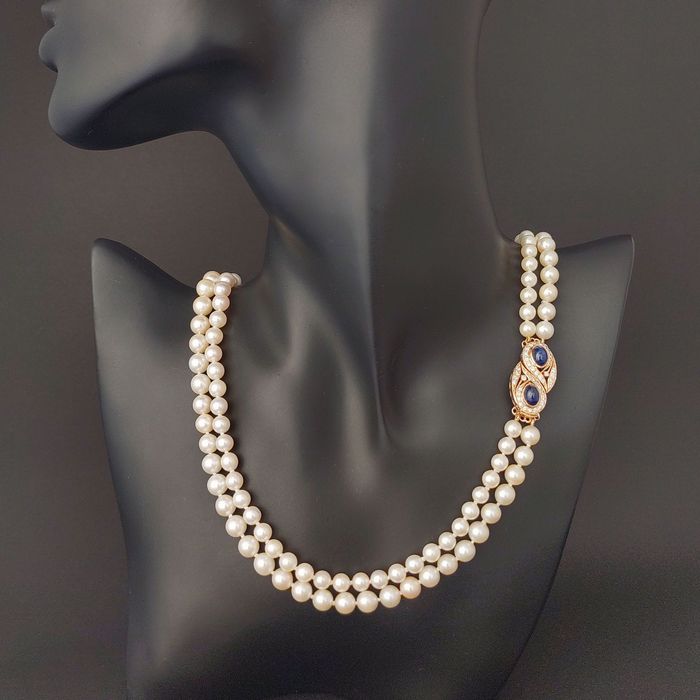 (PROMOTIE) colier perle Akoya, aur 14k, safire, diamante, certif.