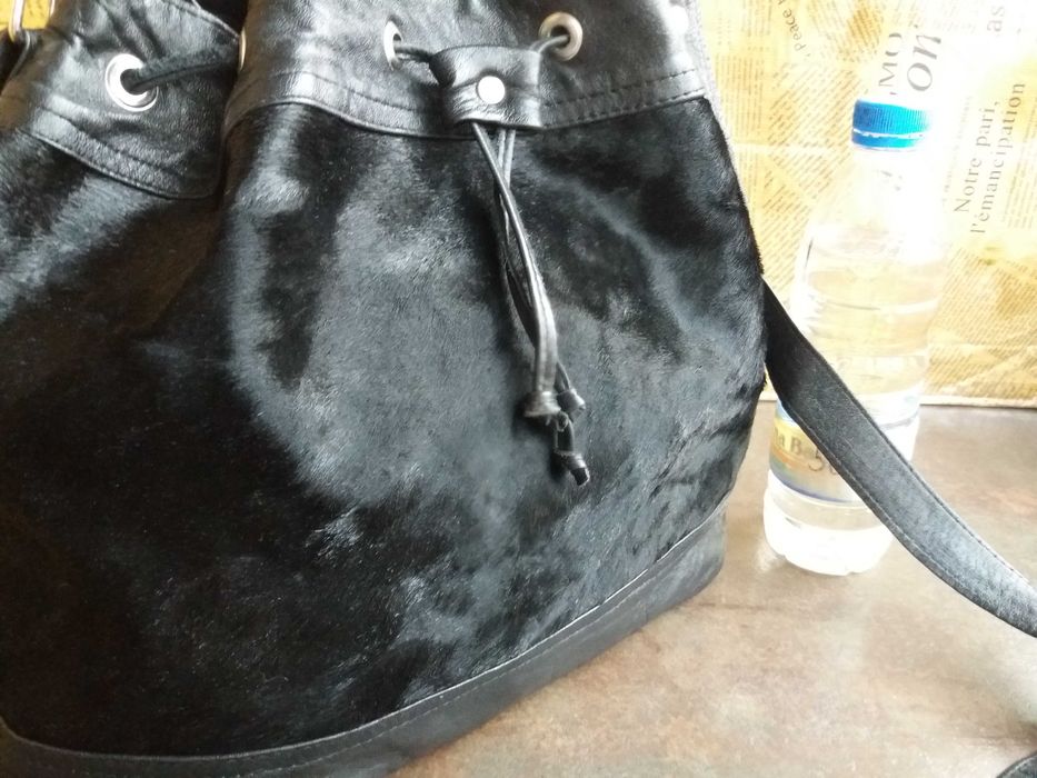 дамска чанта,черна малка кожена торба-естествена кожа и косъм