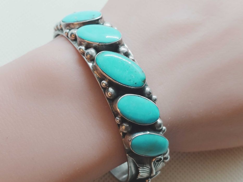 Brățară din argint 925 cu 5 cabochonuri de turcoaz natural, Navajo