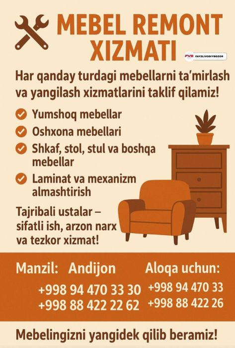 Barcha turdagi mebellarni yasash va tamirlash xizmati