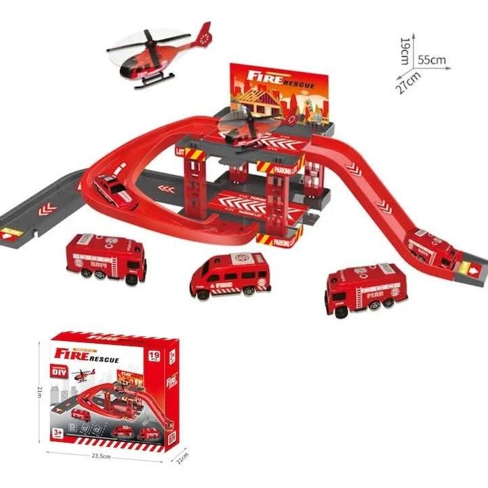 Circuit cu masinute, model Fire Rescue Parking Lot Set, 19piese
