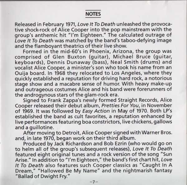 CD Alice Cooper - Love It To Death 1971