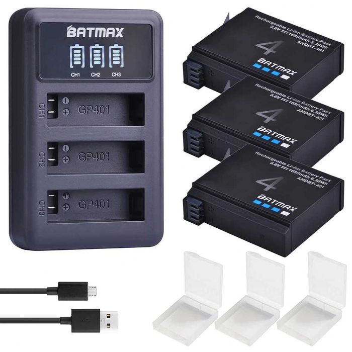Set 3 acumulatori AHDBT-401 1680mAh + incarcator triplu GoPro 4