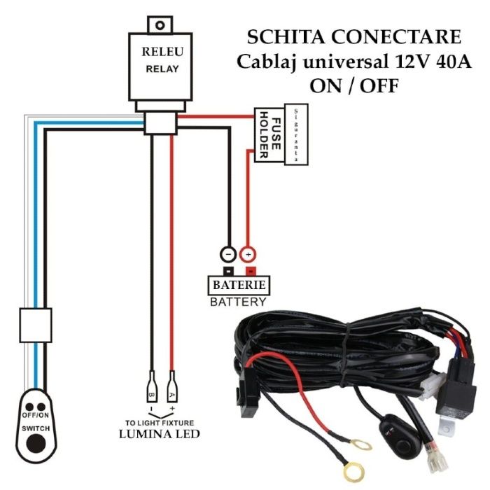 Cablaj cu releu si buton 300W, 12V 40A proiectoare LED sau Led Bar, 3m