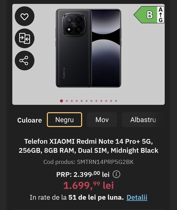 XIAOMI Redmi Note 14 Pro+ 5G, 256GB, 8GB RAM, Dual SIM, Midnight Black
