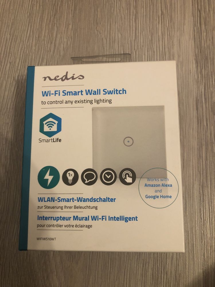 Intrerupator simplu inteligent Nedis, Wi-Fi, 300W, sticla, Alb