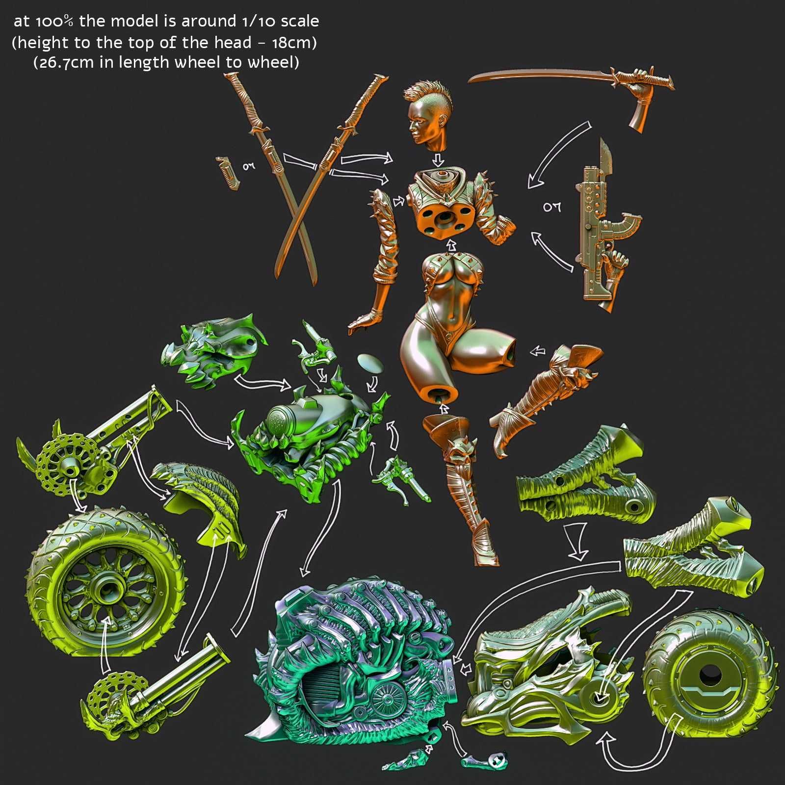 3D print - Figurina Cyber punk steam motocicleta nepictata