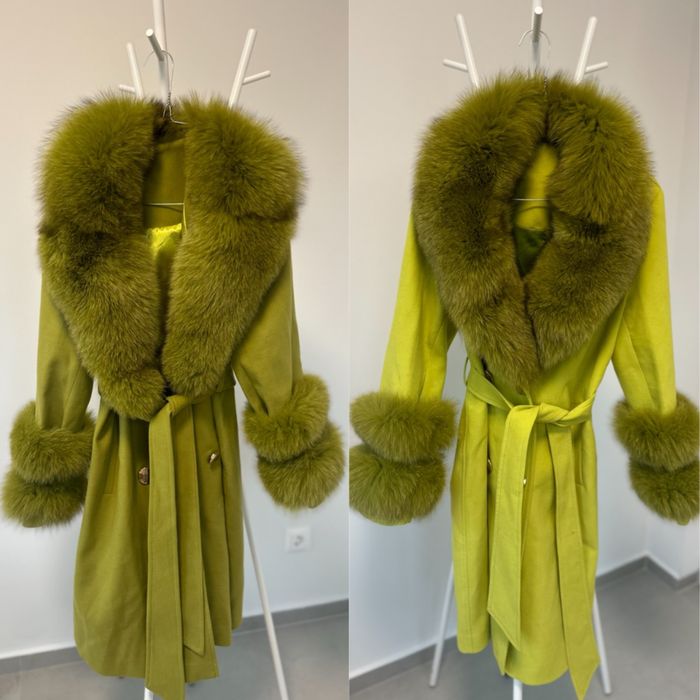 Кашмир с естествен косъм лисица зелено палто уникално, ново