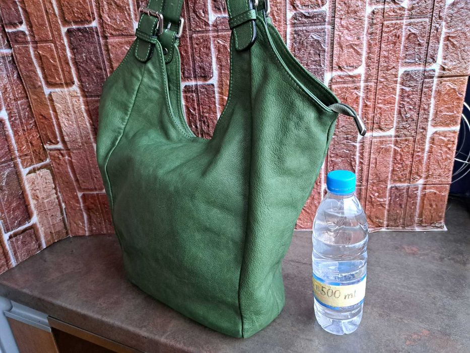 дамска чанта, голяма зелена торба-естествена кожа