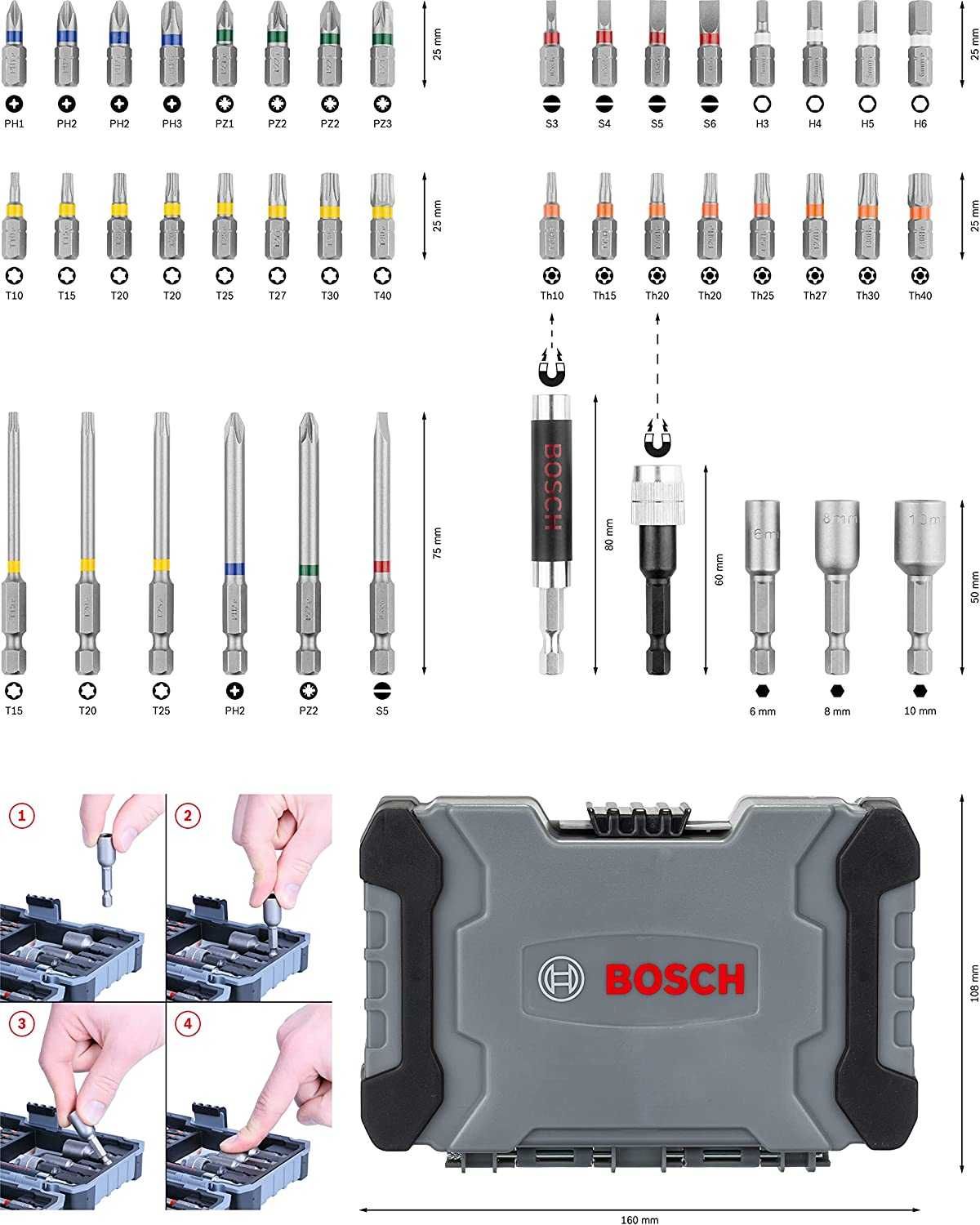 Bosch накрайници, битове, вложки и държачи 43 части, внос от Германия
