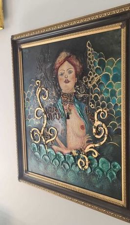 Original Abstract Portret Nud Femeie Cu Sanul Dezgolit, Foita Aur