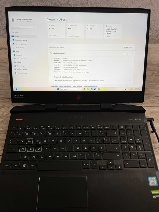 Laptop Gaming HP Omen 15-dc1032nq – i7, GTX 1650, 16GB, SSD 512GB W11