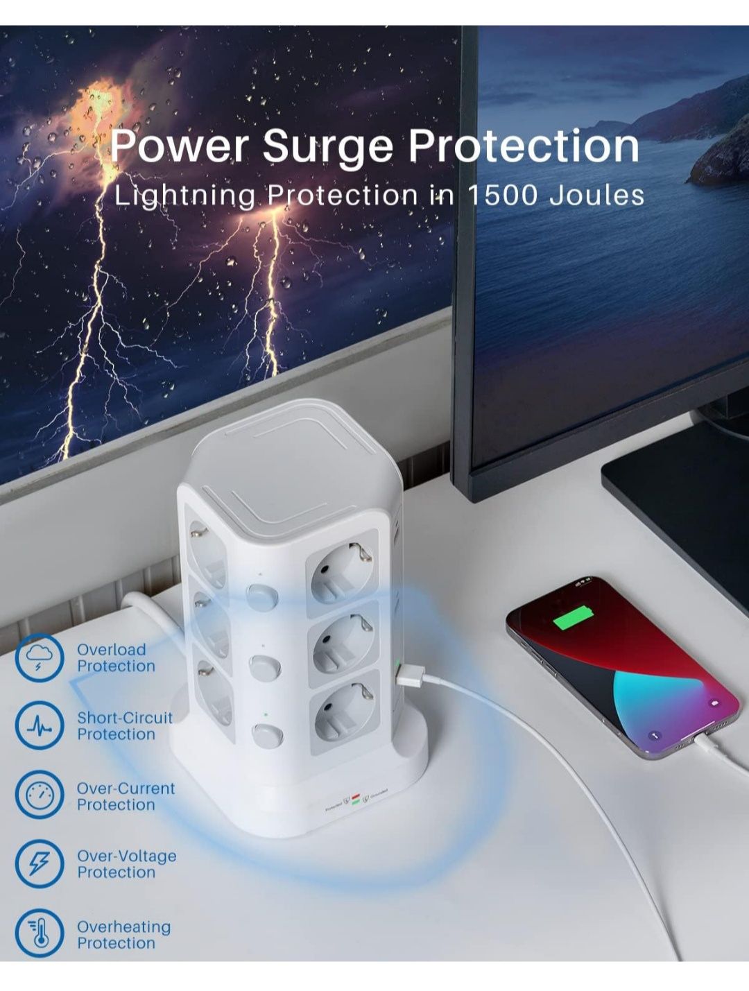 Електрически разклонител с 6 USB порта и 12 гнезда, разклонител с и 3