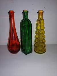 3x Vas recipient din sticla sticluta colorata cu dop de pluta 17.5 cm