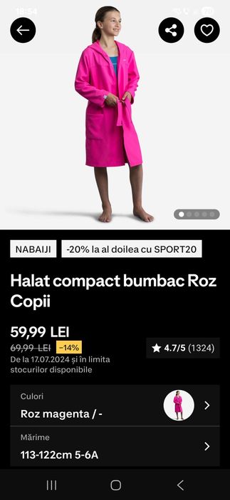 Halat roz din microfibra Nabaiji 5/6 ani mărimea 113-122