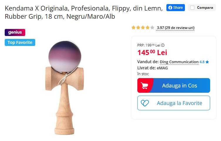 Kendama X Originala Profesionala Flippy din Lemn Rubber Grip, 18 cm