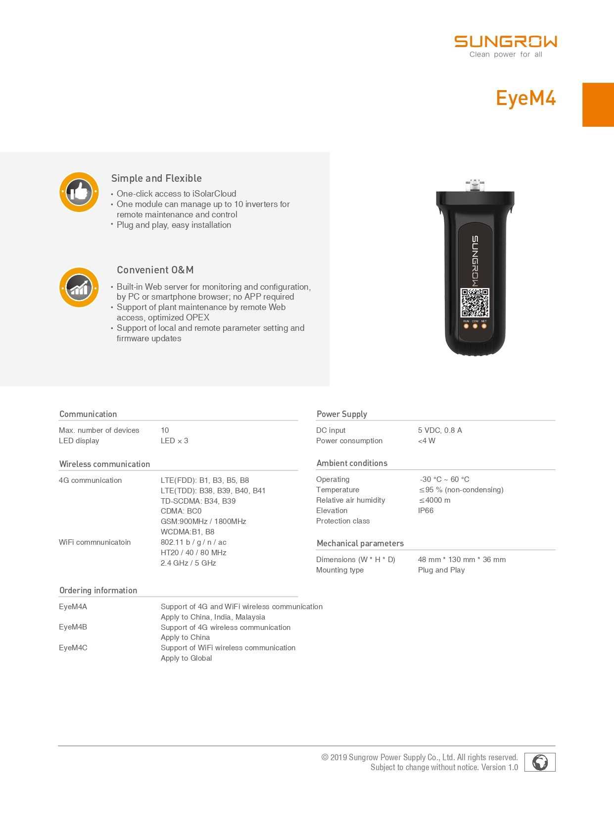SUNGROW EyeM4, Wireless Communication Module for Multiple Inverter