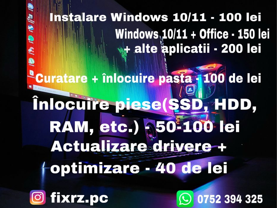 Instalare windows, office, drivere, aplicatii, inlocuire pasta etc.