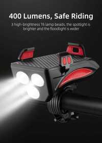 Lanterna Far bicicleta suport telefon claxon baterie externa 4 in 1