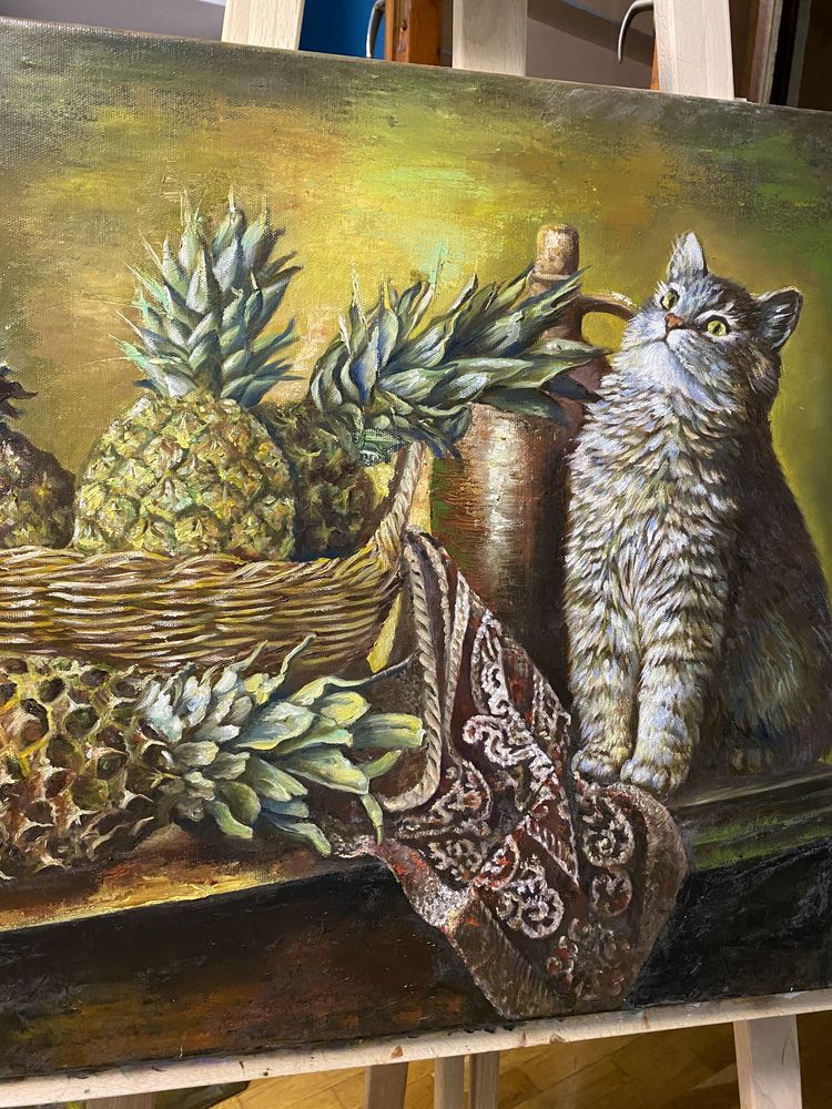 Картина с маслени бои "котка и скариди"