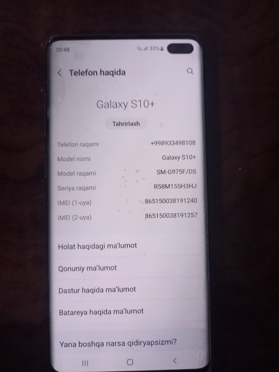 Samsung s10+edyal holatda