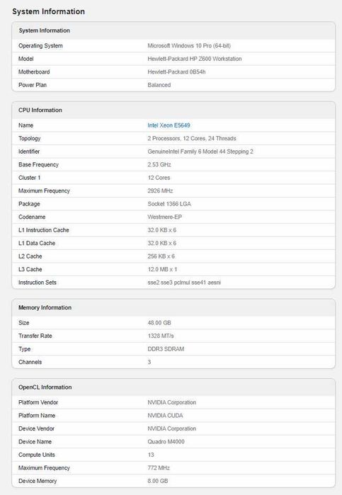 Работна станция HP Z600; 48GB RAM; M4000 8GB; 2x Xeon E5649