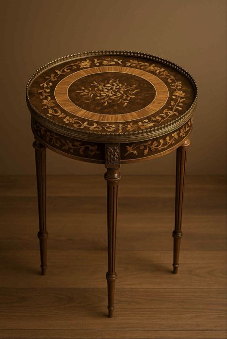 Антикварна кръгла масичка – инкрустация, стил Louis XVI