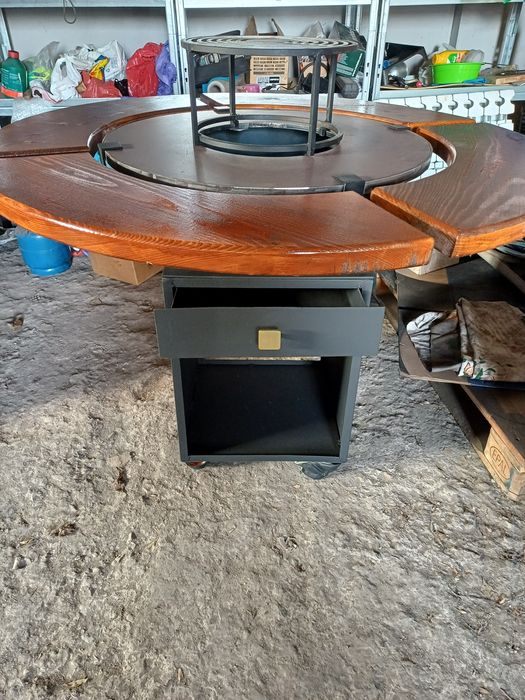 Plită gratar lemne 65 cm rotundă,  grosime 10 mm cu blatul de lemn