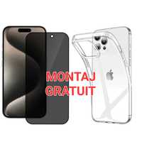 Set Folie Sticla Privacy + Husa Slim Transparenta iPhone 15 Pro Max