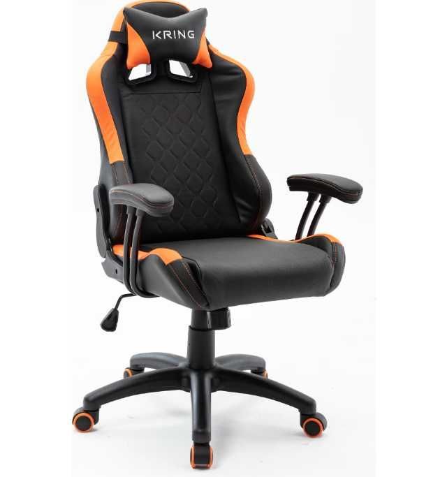 Scaun gaming copii Kring Icarus, suport cervical, PU, Negru/Portocaliu