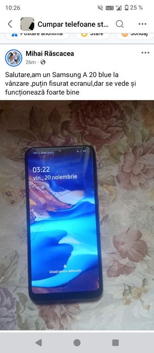 Vând Samsung A20, ecran puțin fisurat,dar nu afectează cu nimic