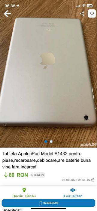 Doua Tablete Apple Mini iPad model A1455-A1432 pentru piese .