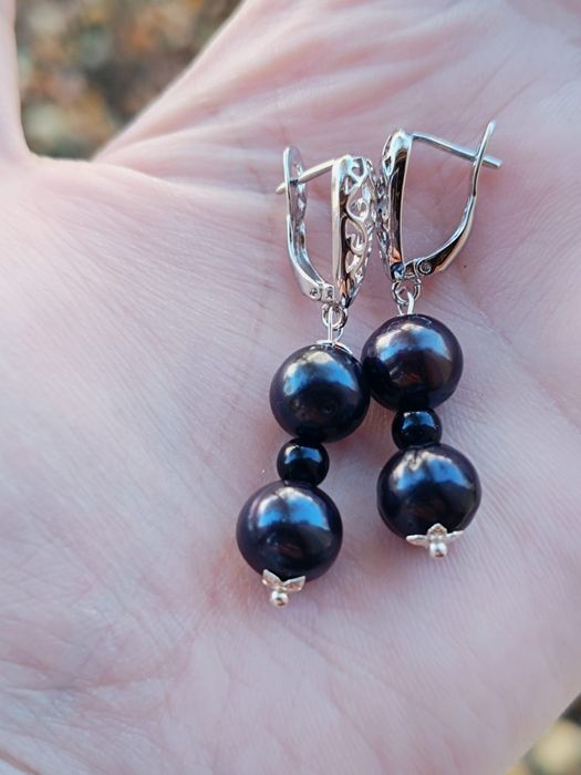 Cercei din argint 925 cu trei perle negre